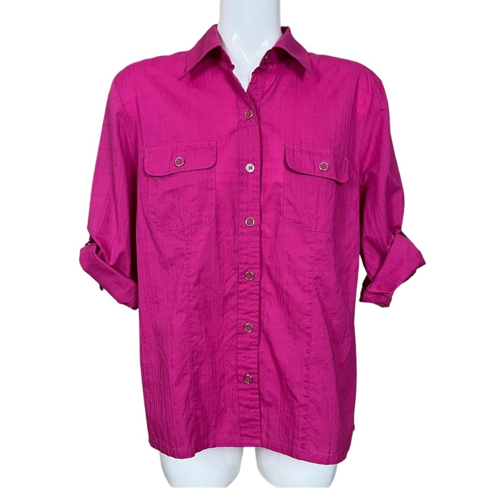 Karen Scott Magenta Pink Cotton Roll Tab Sleeve Button Down Top Large